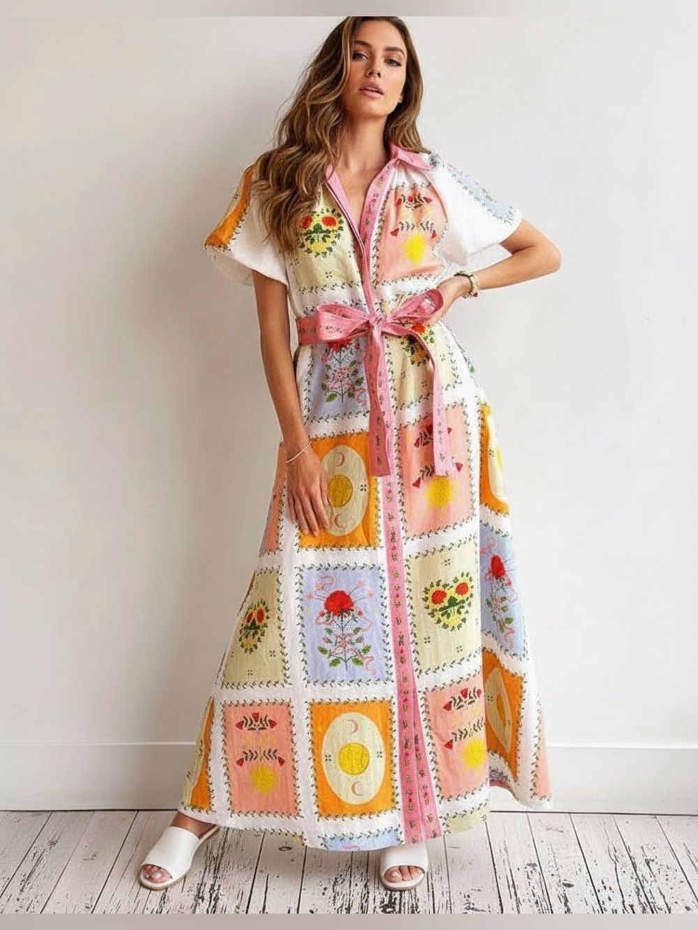 Boutique Boho Maxi Dress with Colorful Patchwork Print and Belt